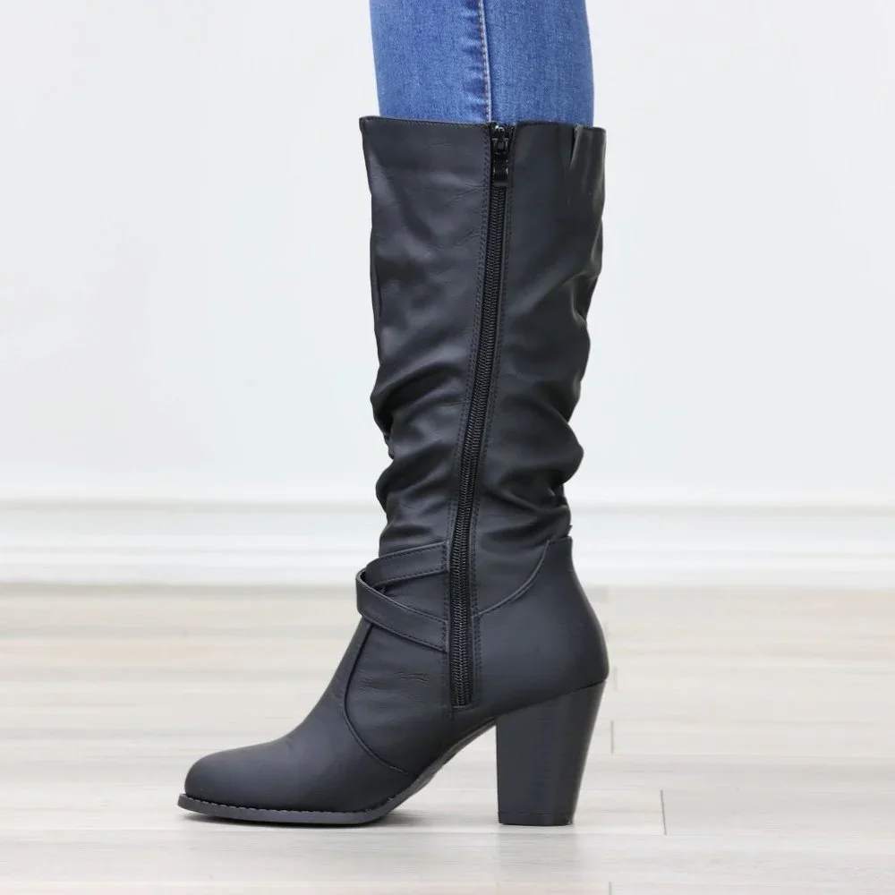 Black Mid Calf Block Heeled Boots Synthetic Leather Pointed Toe Womens - Picture 13 of 15